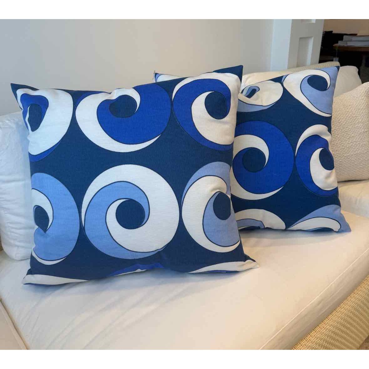 PAIR of Custom Blue & White Waves Outdoor Fabric Square Pillows