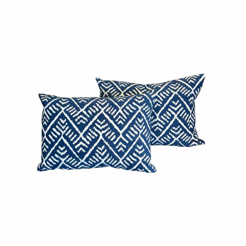 Pair of Blue & White Velvet Lumbar Pillows w/ IKAT Pattern