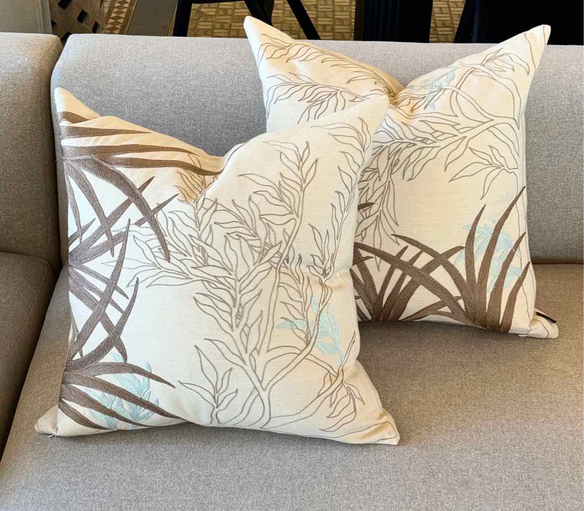 Pair of Turquoise & Tan  Leaf Pattern on Cream Throw Pillows, 18"Sq