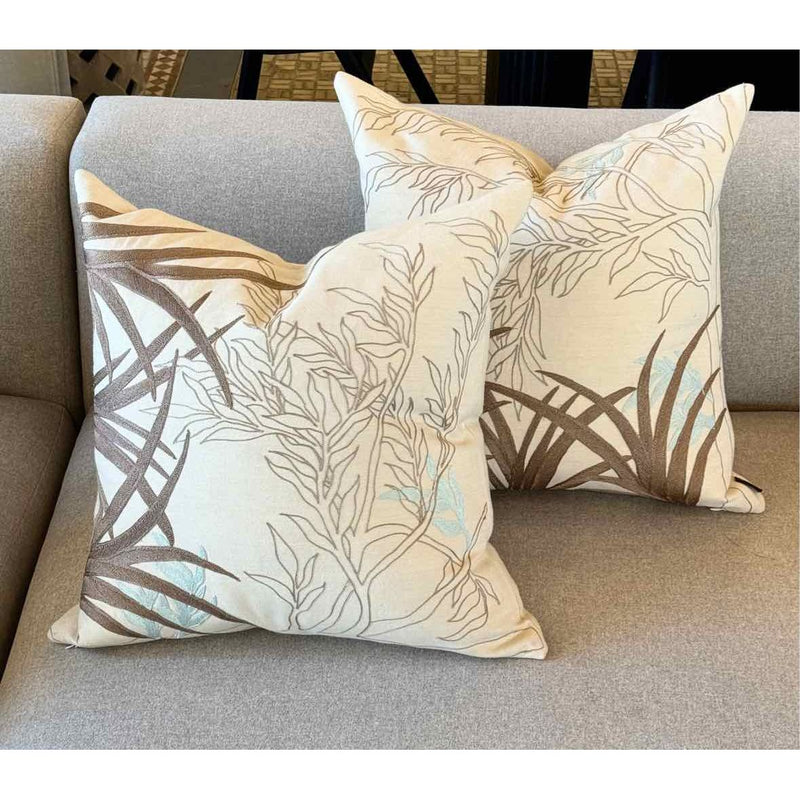 Pair of Turquoise & Tan  Leaf Pattern on Cream Throw Pillows, 18"Sq