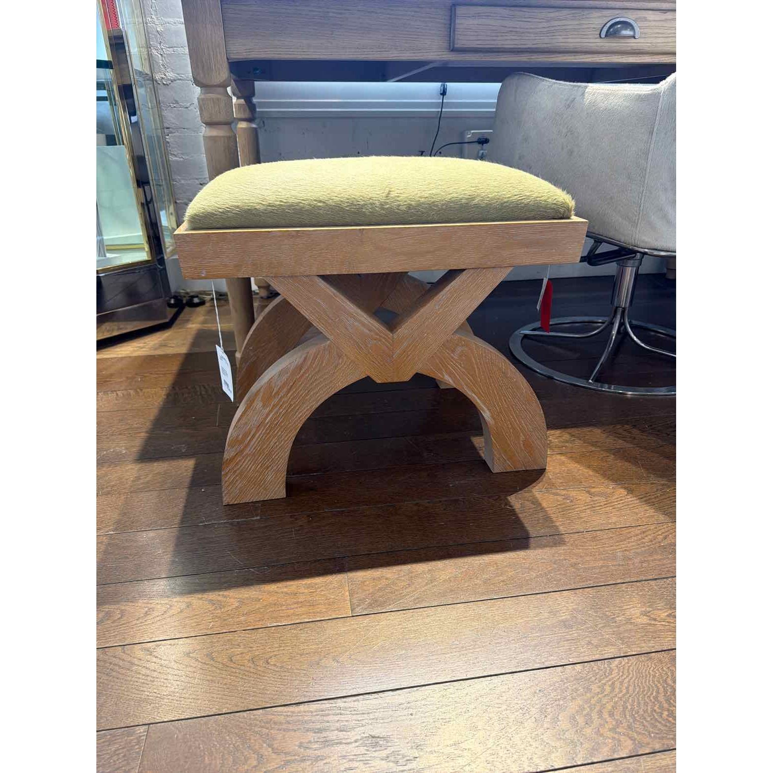 Custom Green Pony Hide Bench on Natural Wood Legs