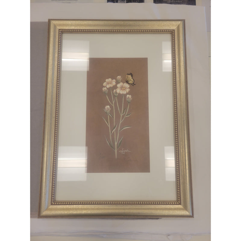 Vintage L.E. Signed Botanical Lithograph by Lyndi Lende in Gold Frame