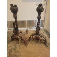 SET of Vintage Fireplace Accessories: 2 Dragon Andirons, 2 Log Supports, 1 Brush