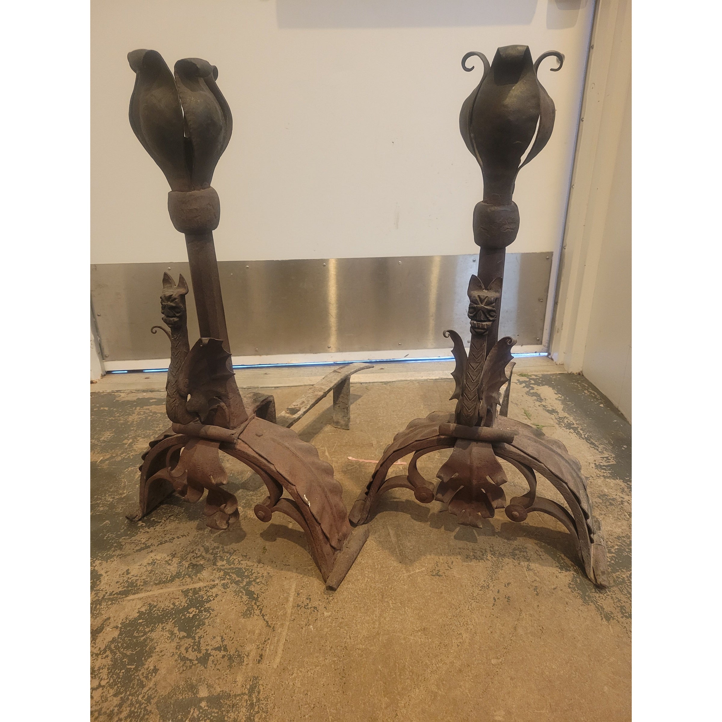 SET of Vintage Fireplace Accessories: 2 Dragon Andirons, 2 Log Supports, 1 Brush