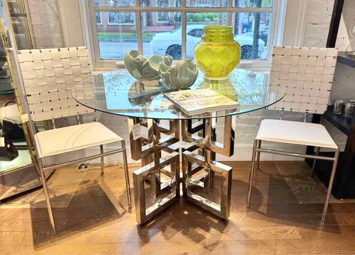 Pair of Faux Leather Woven Back Chair in White with/ Chrome Steel Frame 17"W x 2