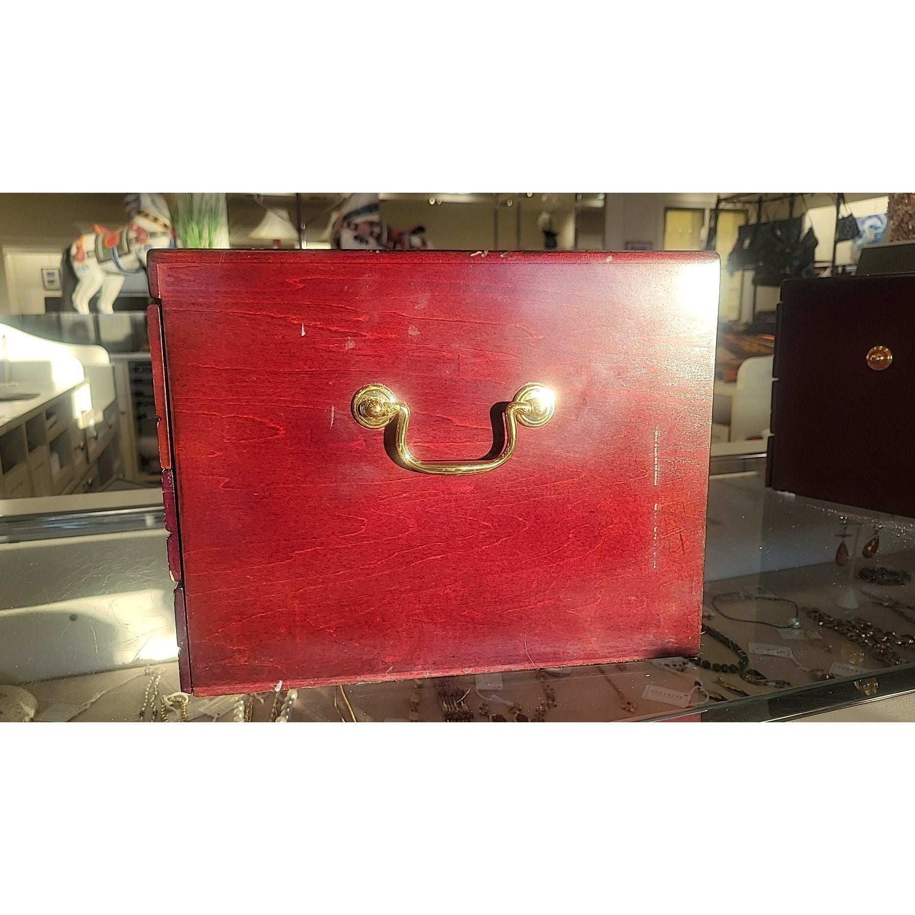 Glass Top Mahogany Cigar Humidor w/ 3 Drawers - colletteconsignment.com