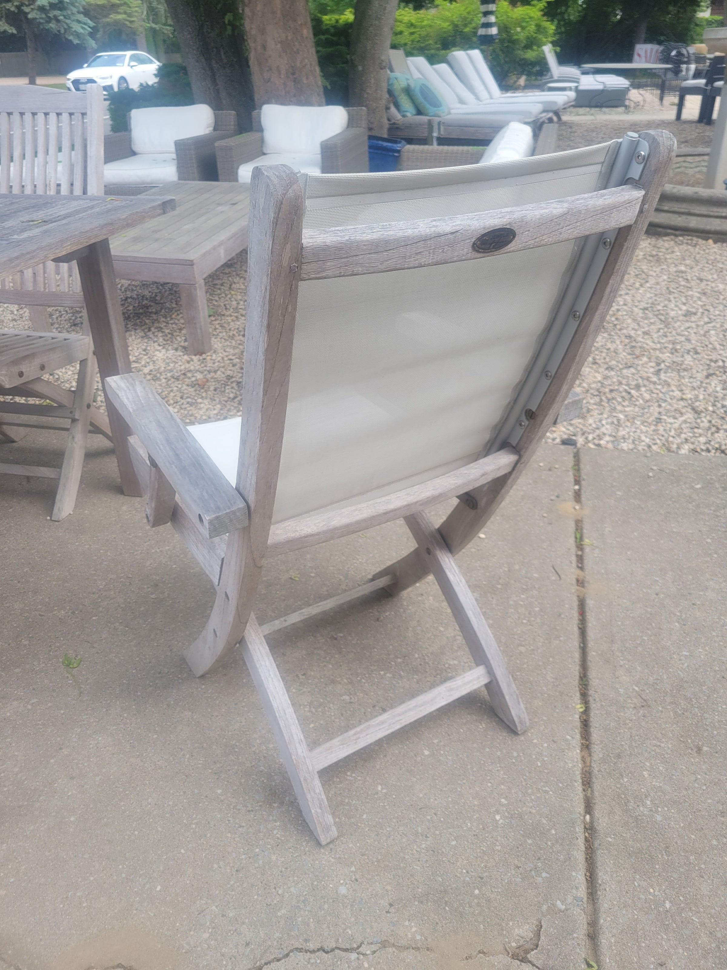 PAIR of Plantation Teak & White Mesh Folding Chairs
