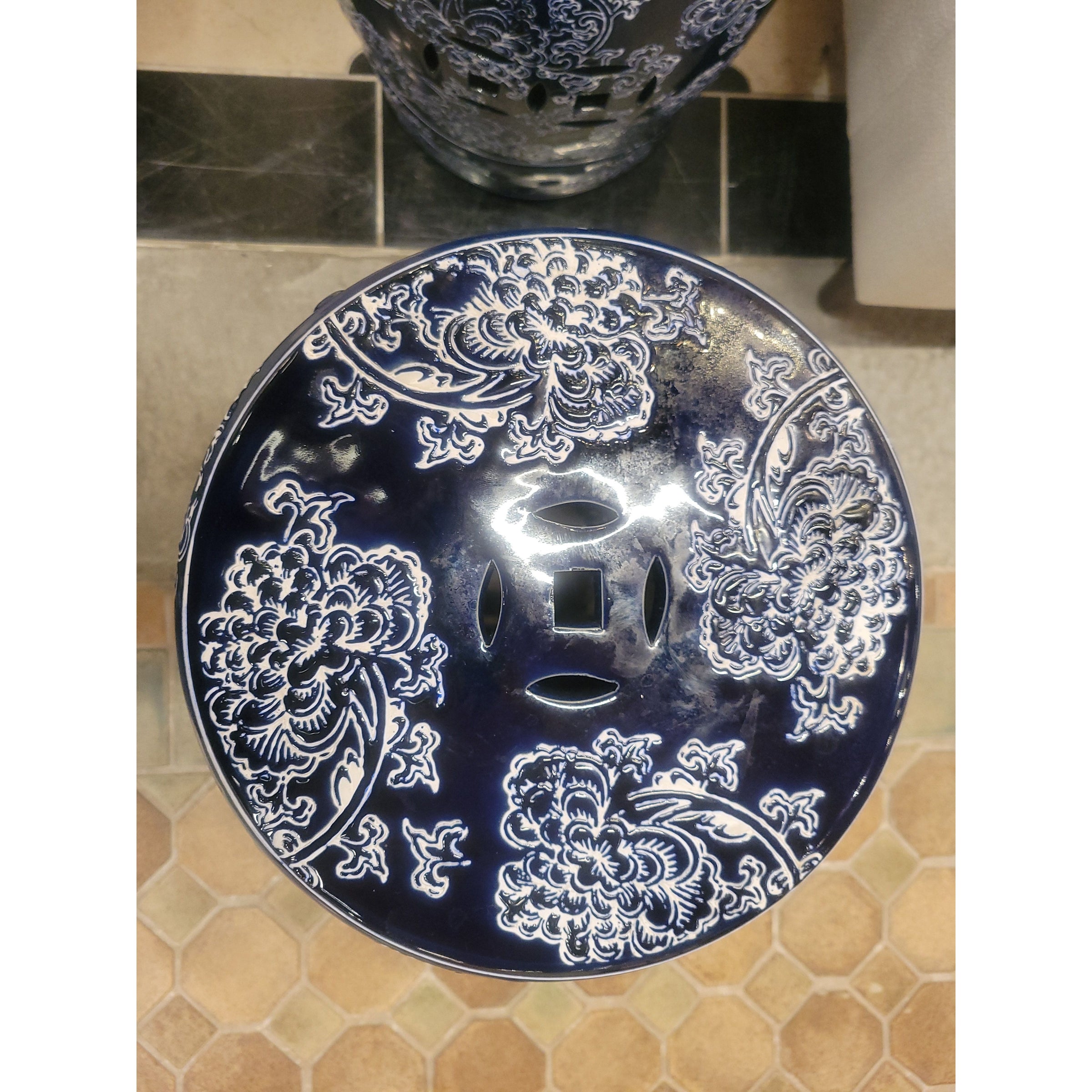 Navy & White Ceramic Lattice Garden Stool / Table