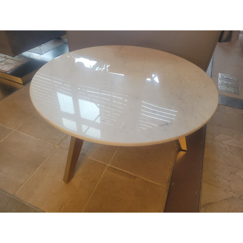 Round White Marble Top Coffee Table w/ Wood Legs - colletteconsignment.com