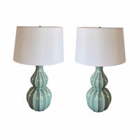 PAIR of Blue Ceramic Table Lamps w/ White Shades