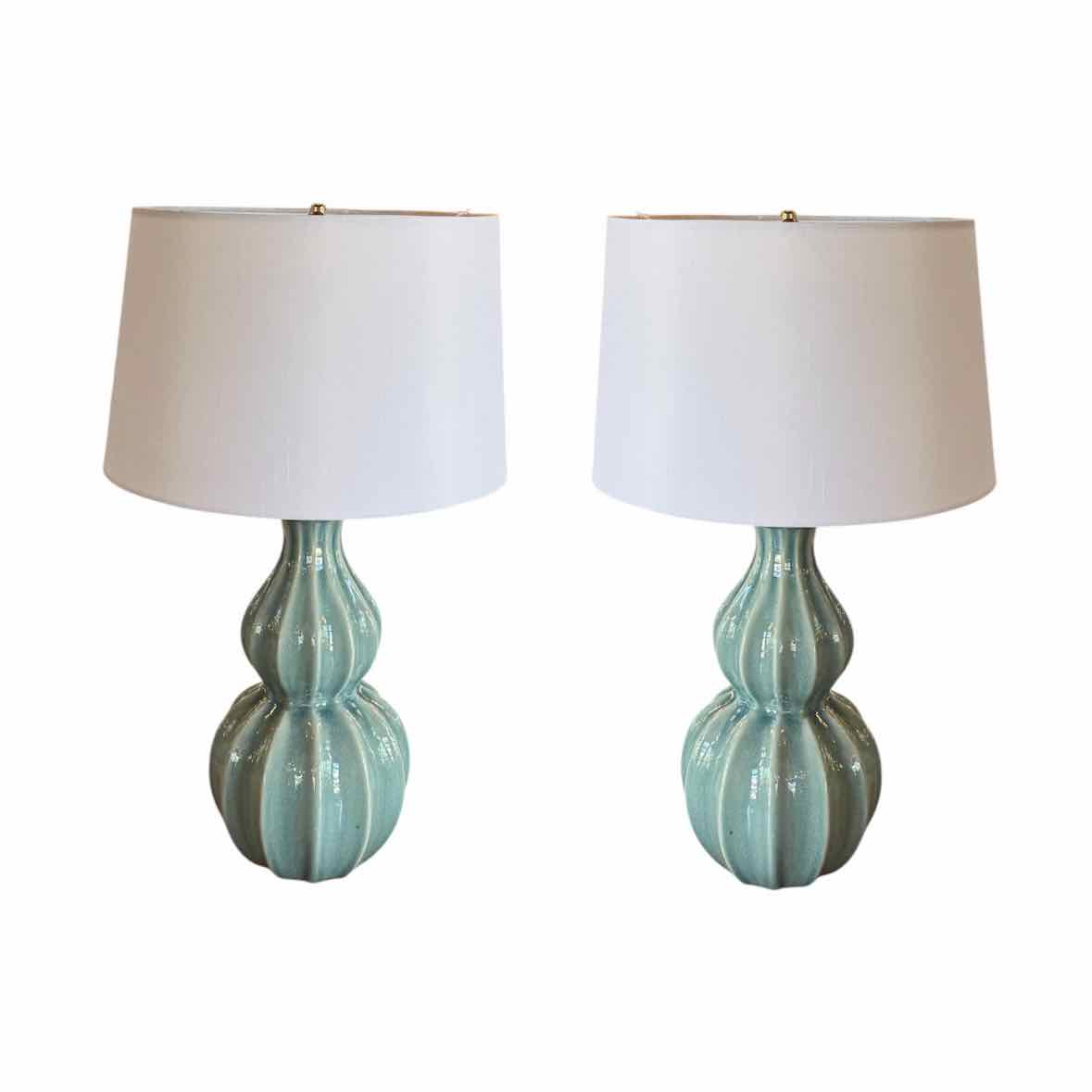 PAIR of Blue Ceramic Table Lamps w/ White Shades