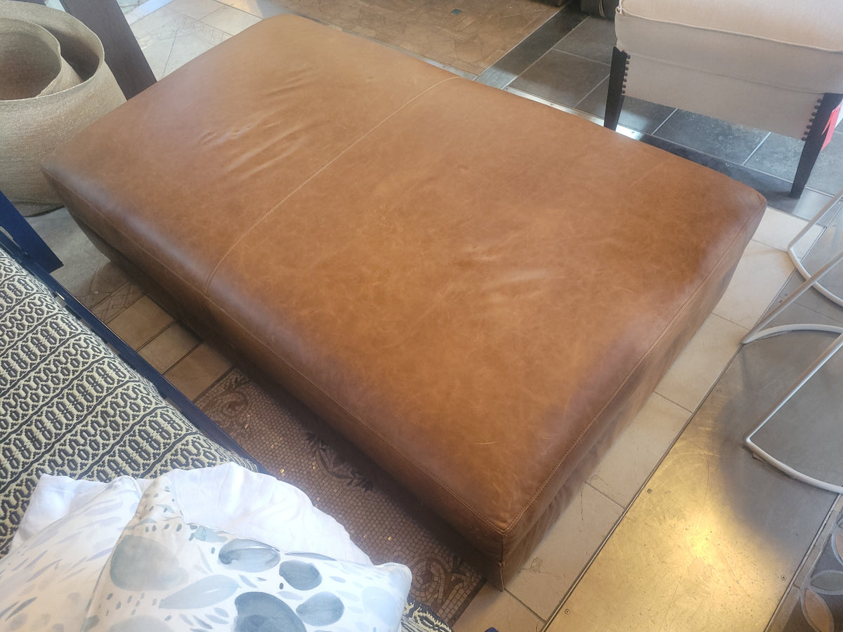 Brown Leather Ottoman w/ Dark Wood Legs by RH