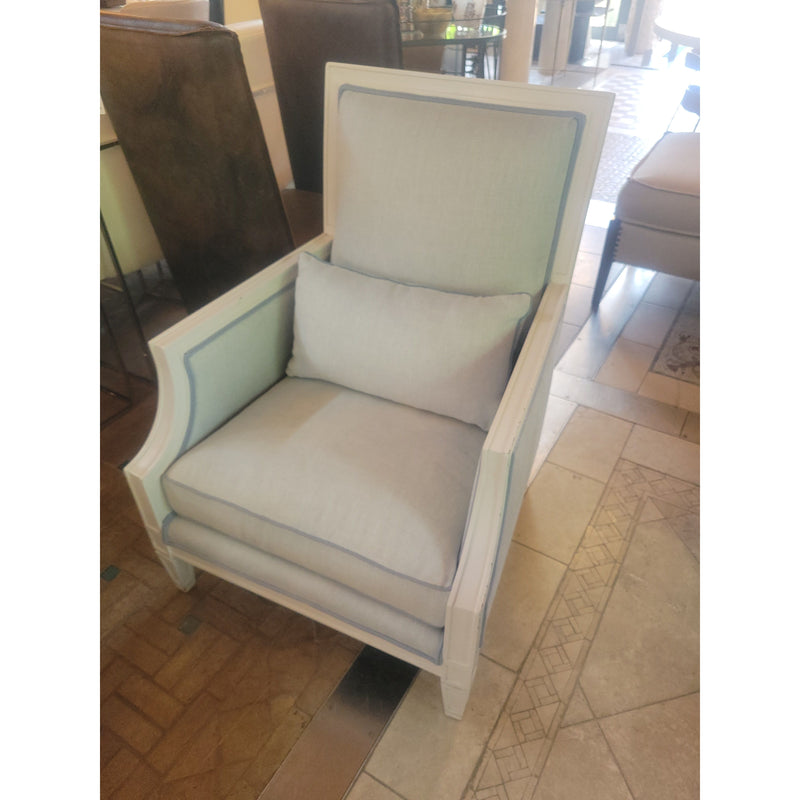 Custom High Back Blue Weave Arm Chair w/ White Wood Frame by Jack Fhillips - colletteconsignment.com