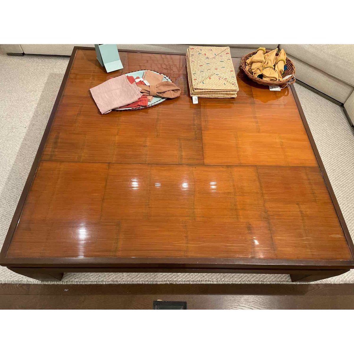 Custom Lacquered Walnut Coffee Table w/ Bamboo Insert (AS IS) - colletteconsignment.com