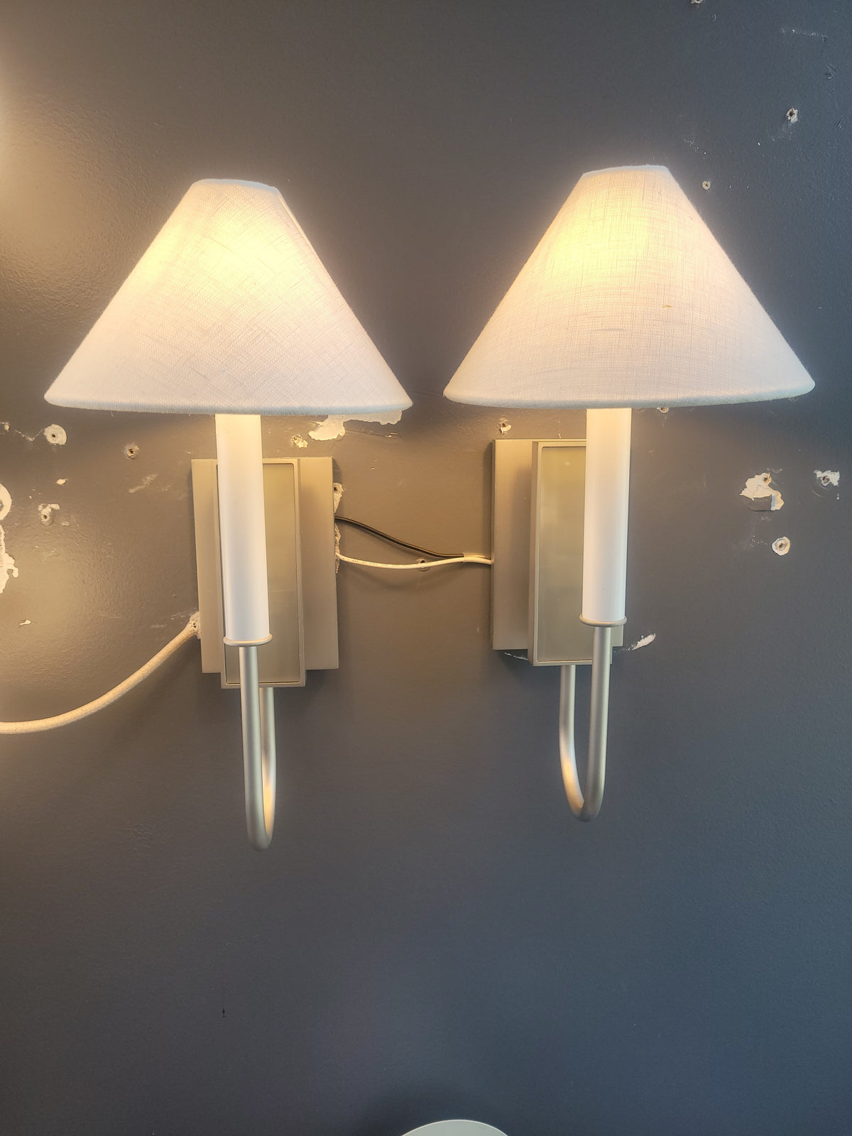 PAIR of Edina Pewter Sconces w/ White Linen Shades by Urban Electric