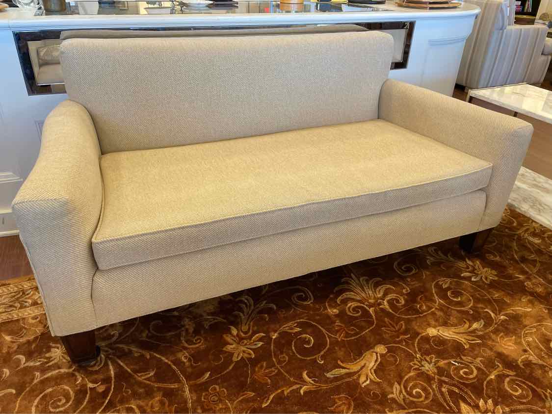 Custom Tan Chenille 2-Seat Sofa w/ Dark Wood Legs