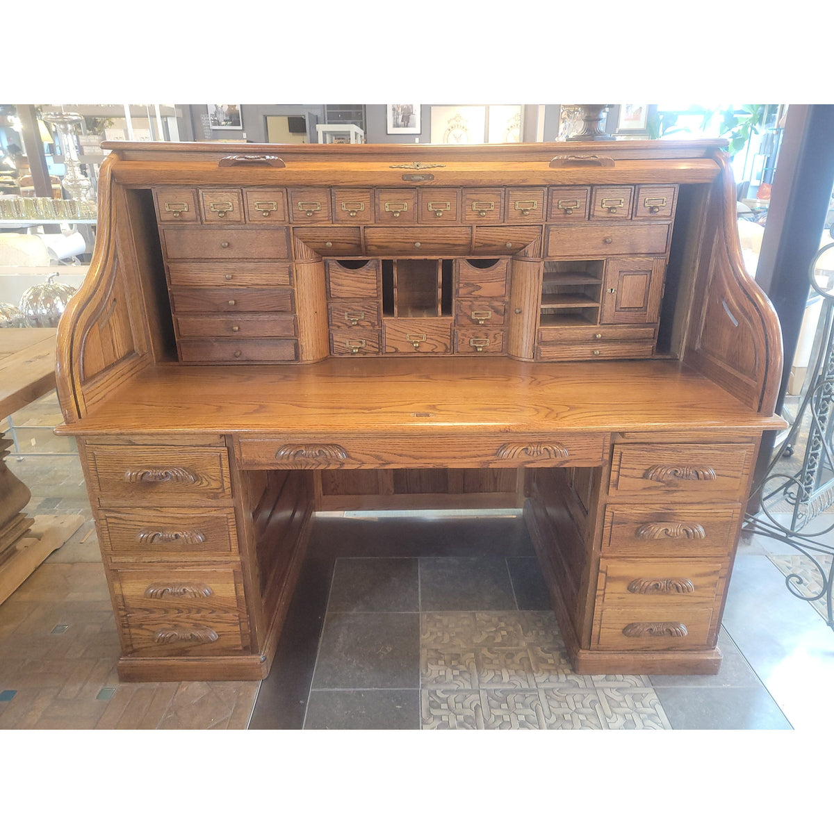 Early 20th C Edwardian Oak Roll Top Desk - colletteconsignment.com