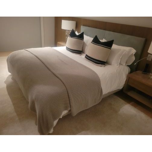 Custom King-Sized Green Cowhide Headboard w/ Gray Fabric Bed Frame