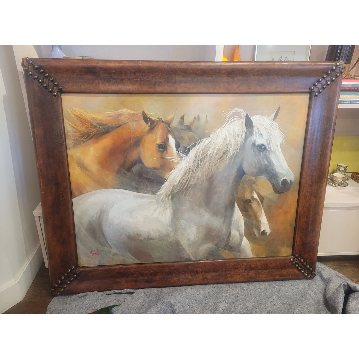 'A Tu Encuentro' Horse Oil Painting by Gladys Morante in Leather Nailhead Frame - colletteconsignment.com