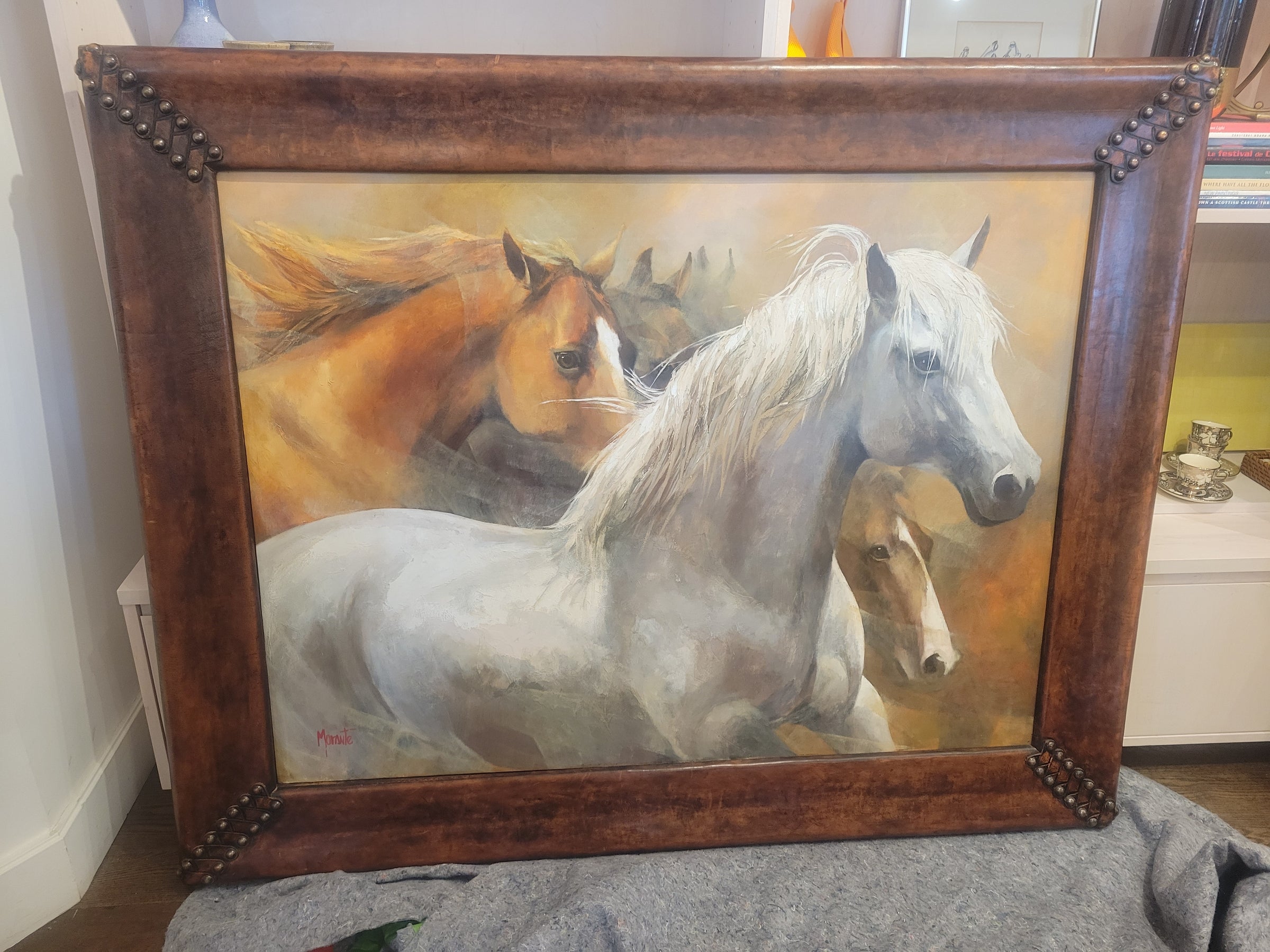 'A Tu Encuentro' Horse Oil Painting by Gladys Morante in Leather Nailhead Frame