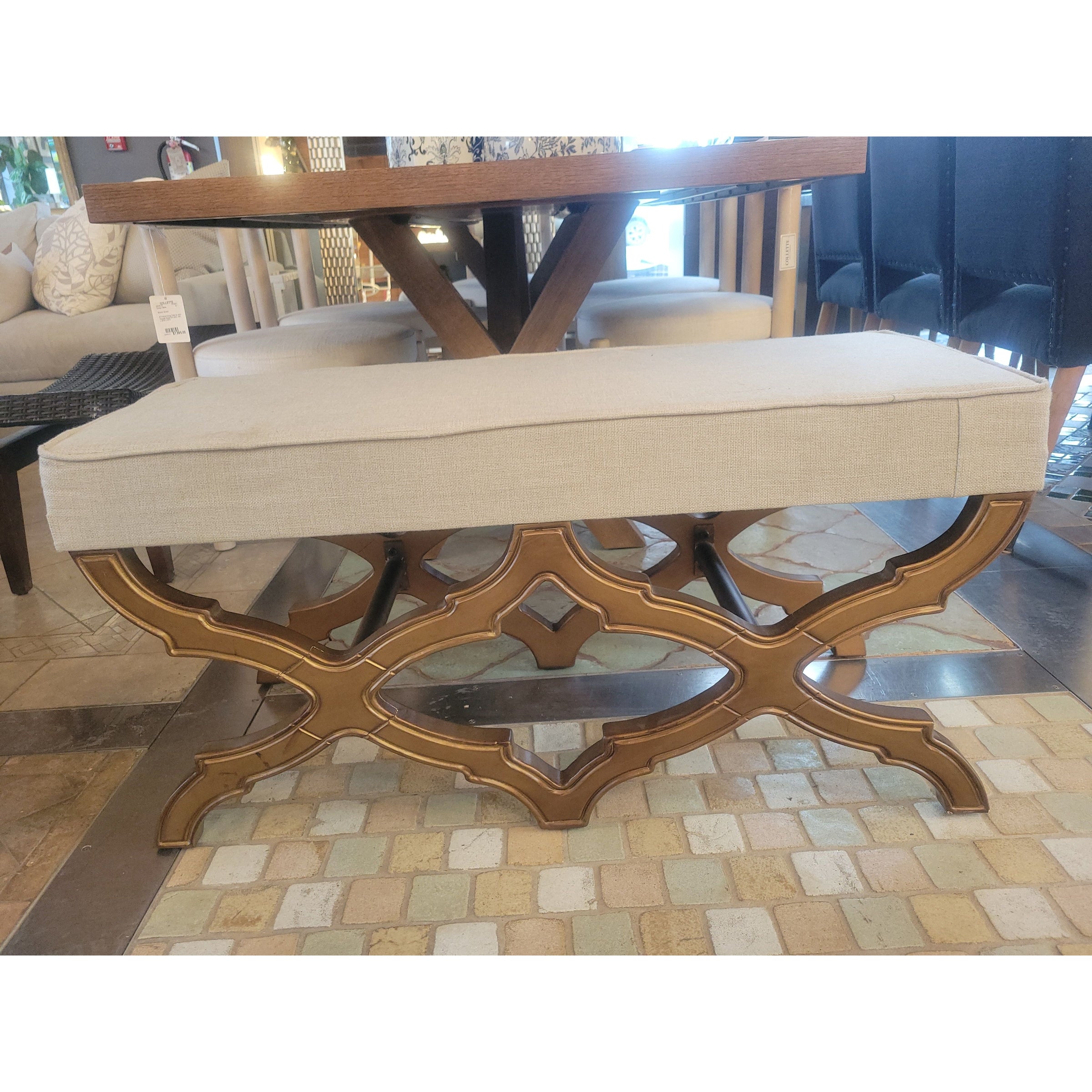 Bronze Tone X-Leg Bench w/ Upholstered Seat by Bombay