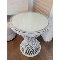 Round White Wicker Rattan Side Table w/ Glass Top