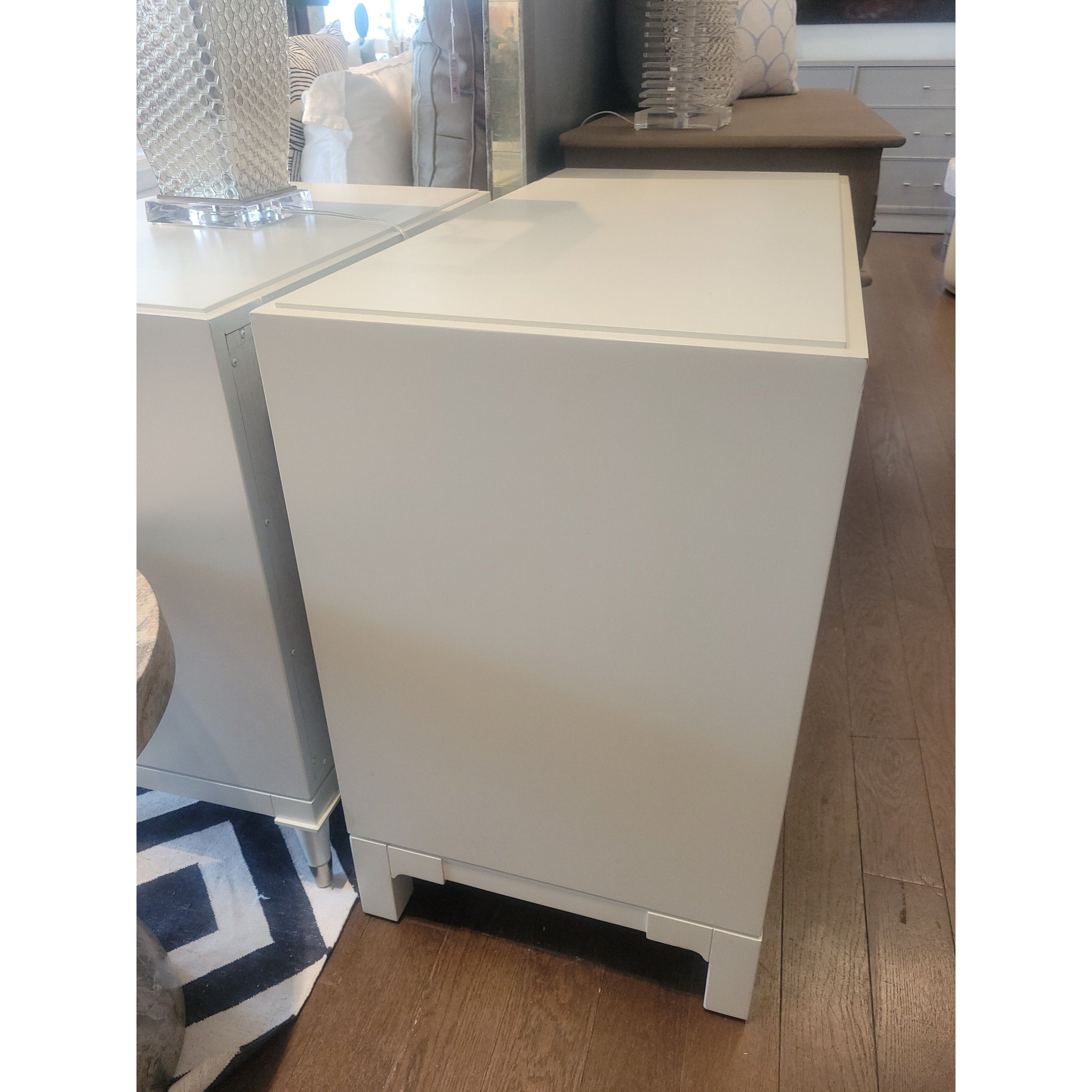 PAIR of 1-Drawer Matte White Lacquer Nightstands w/ Metal Pulls (AS IS)
