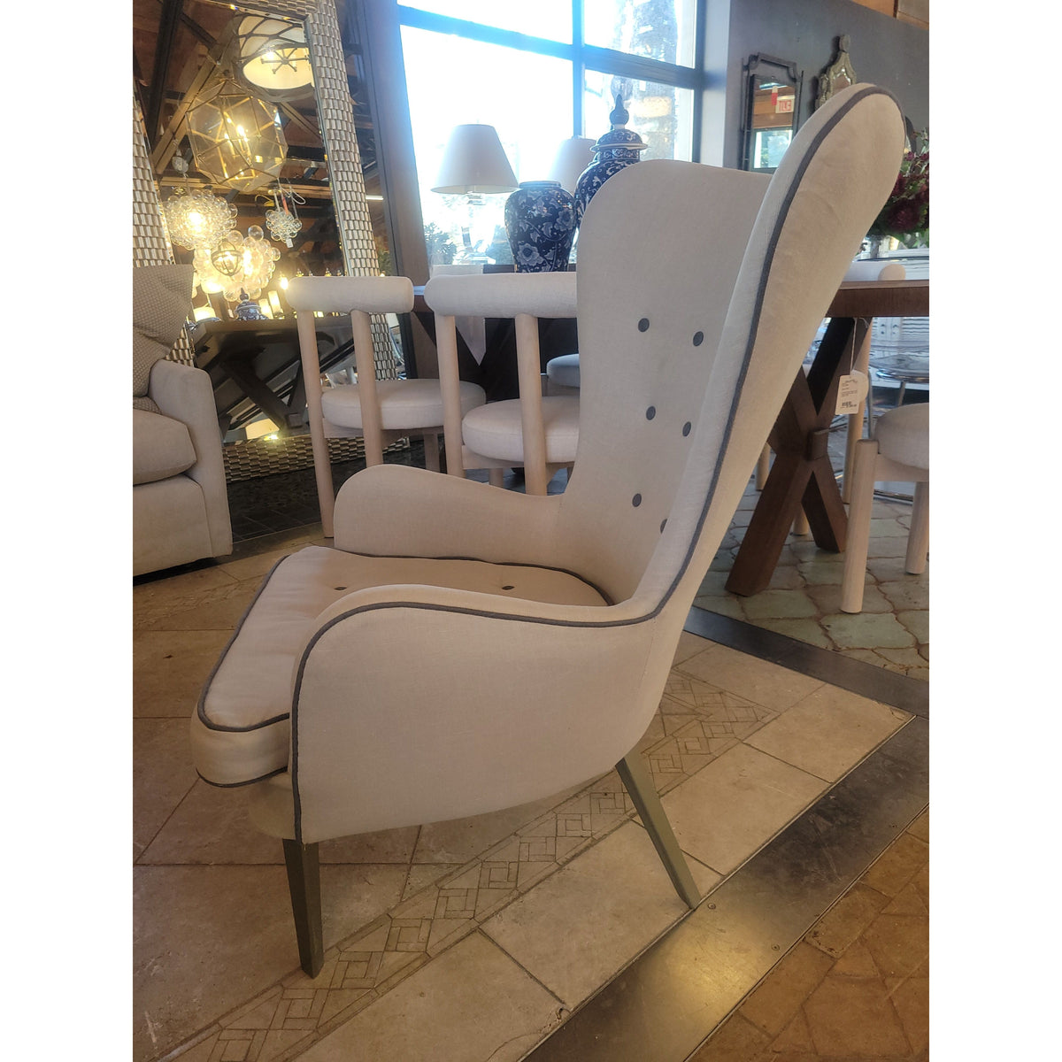 Custom Buttoned High Wingback Arm Chair w/ Piping by Chelsea Textiles - colletteconsignment.com