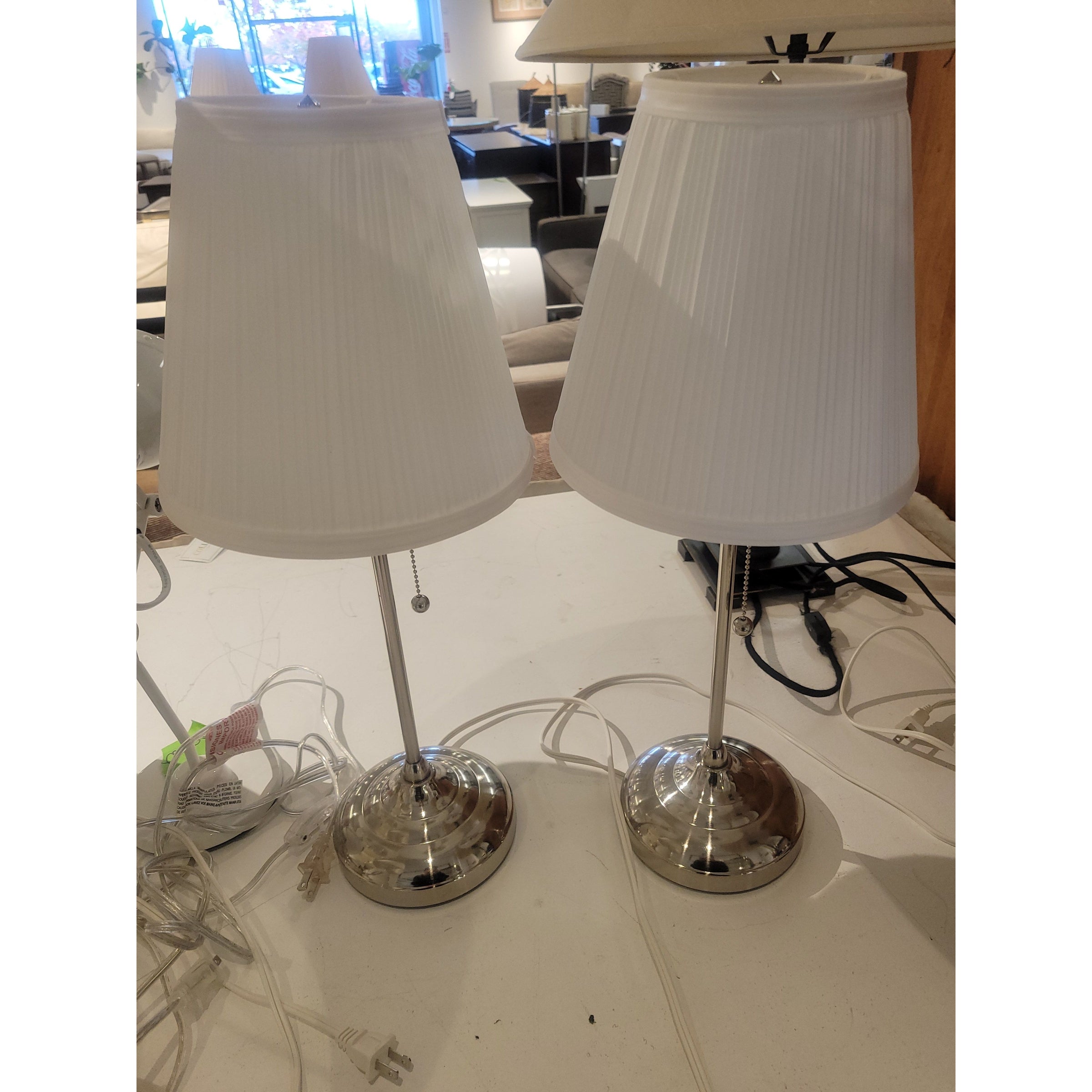 PAIR of Nickel Table Lamps w/ White Shades