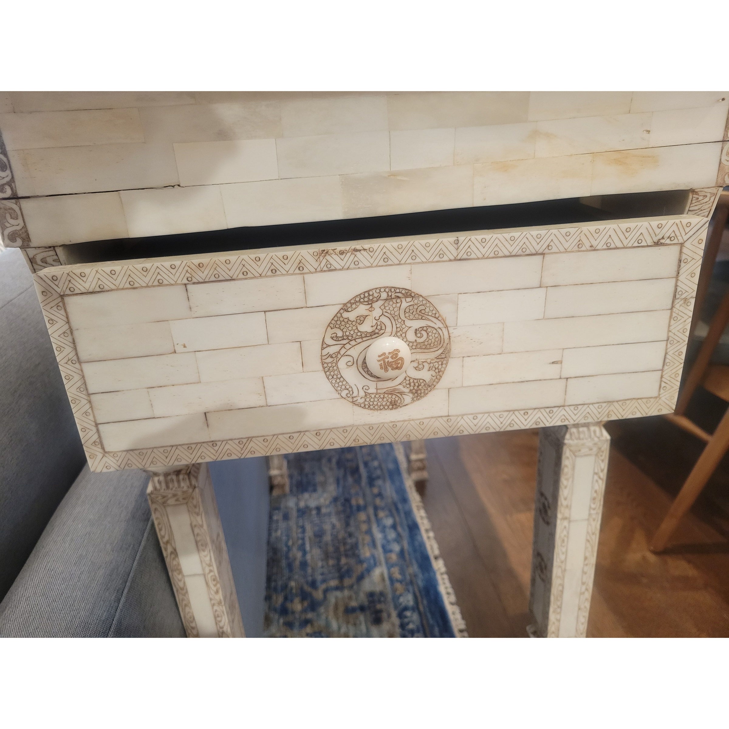 Vintage Chinese 2-Drawer Carved Bone Inlay Alter Table