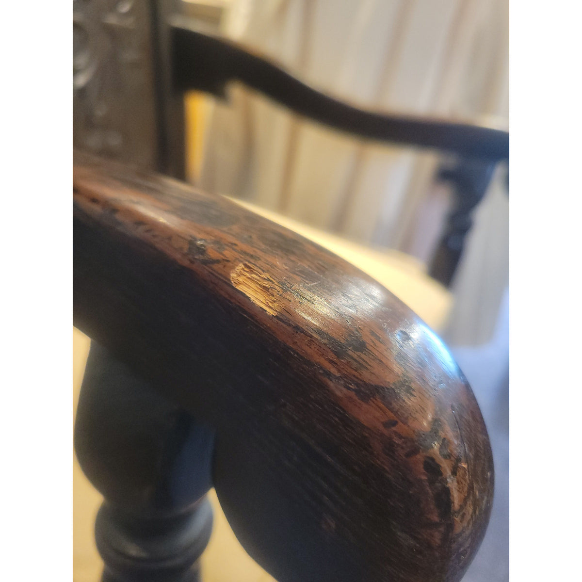 Antique Dark Wood Wainscot Arm Chair w/ Cushion