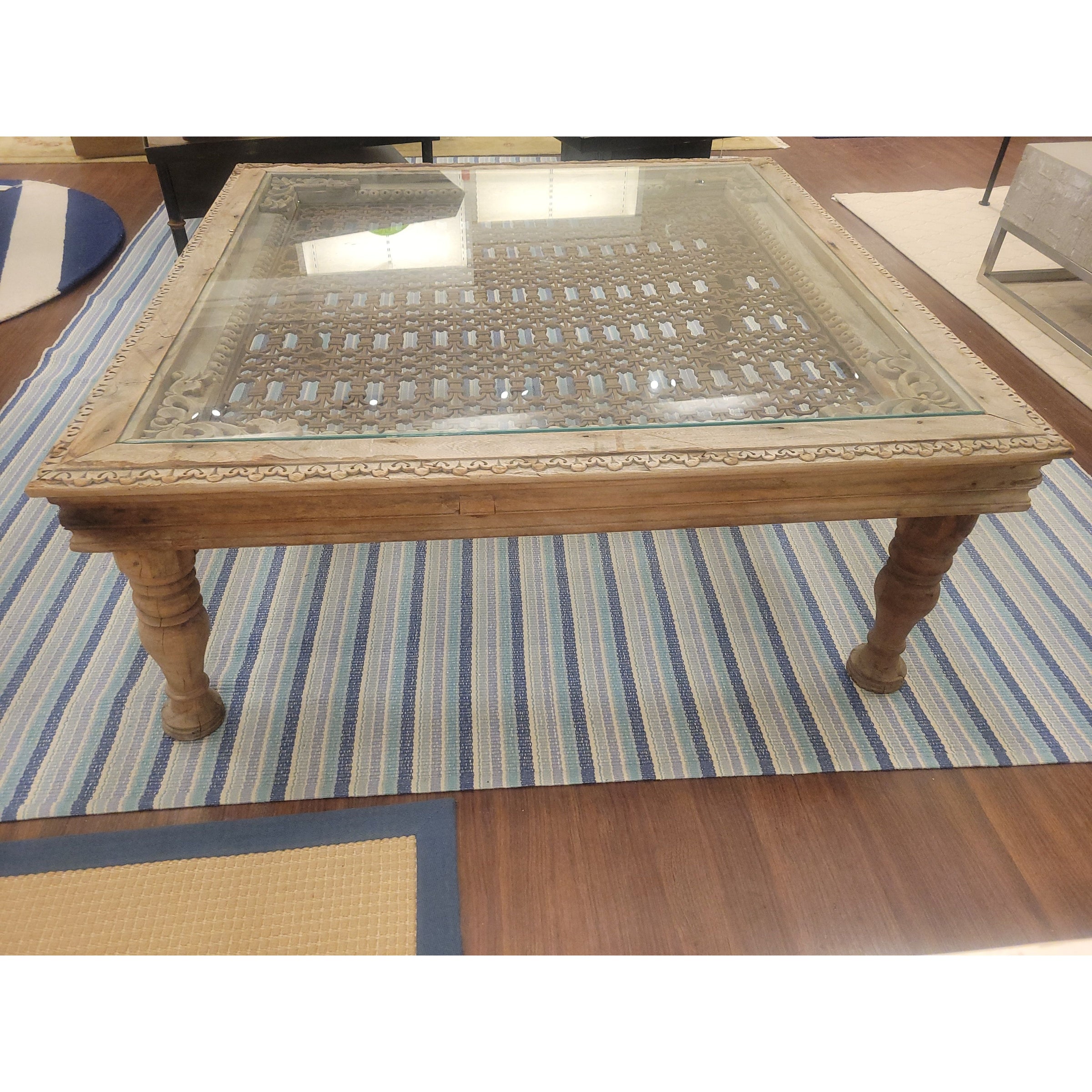 Vintage Indian Window Grate Metal & Wood Coffee Table w/ Glass Top (AS IS)