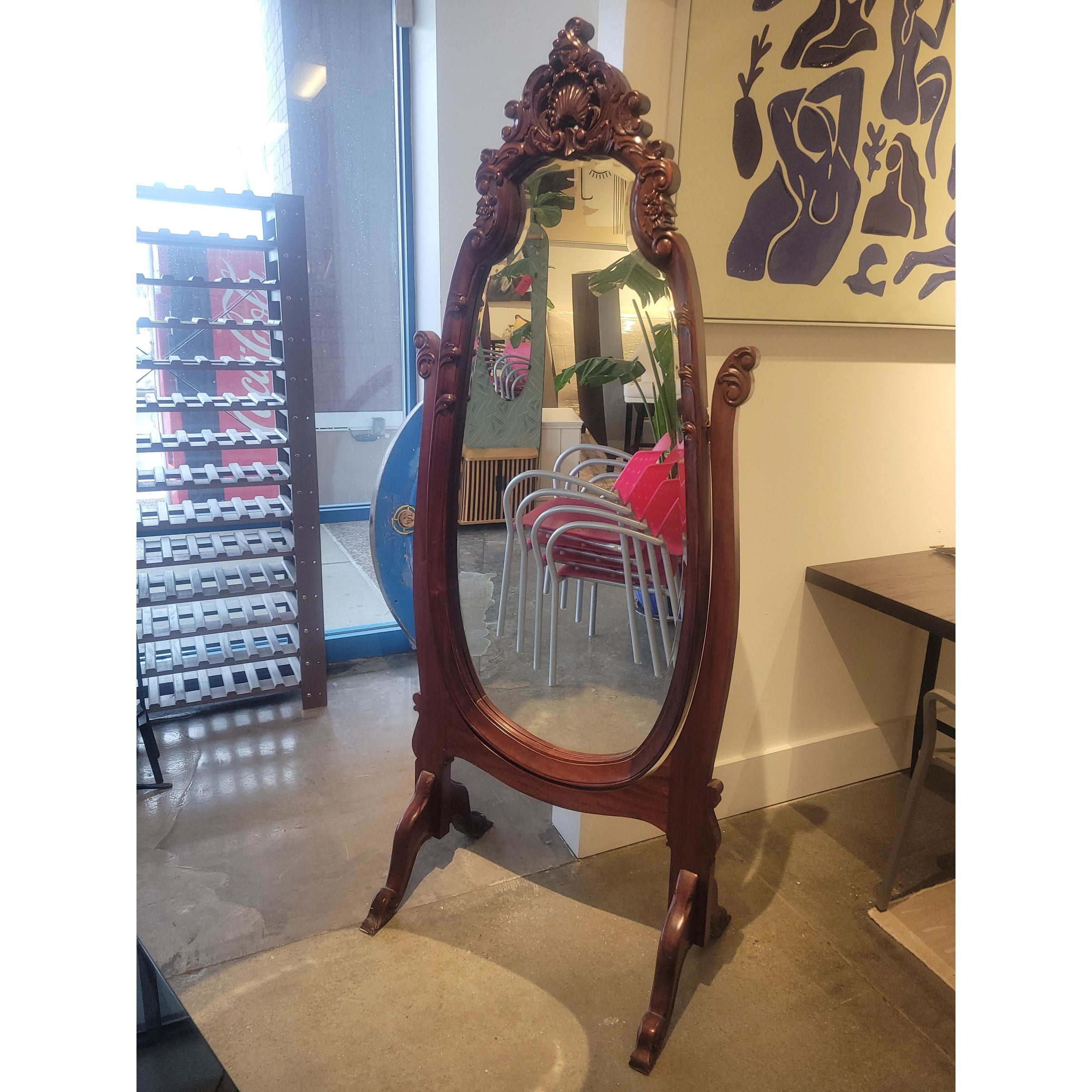 Rococo Style Mahogany Cheval Mirror w/ Beveled Glass - colletteconsignment.com