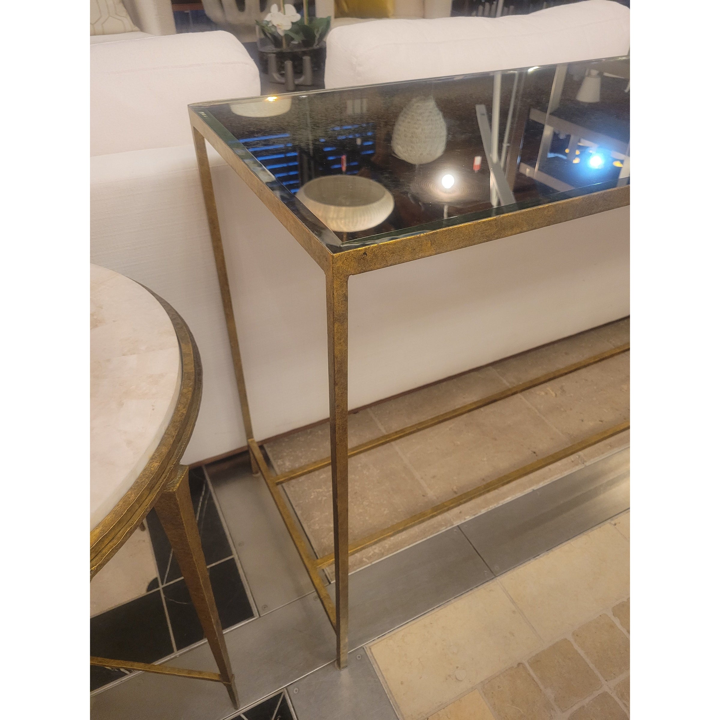 Jonathan Gold Finish Iron Console Table w/ Beveled Antiqued Mirror Top by Oly - colletteconsignment.com