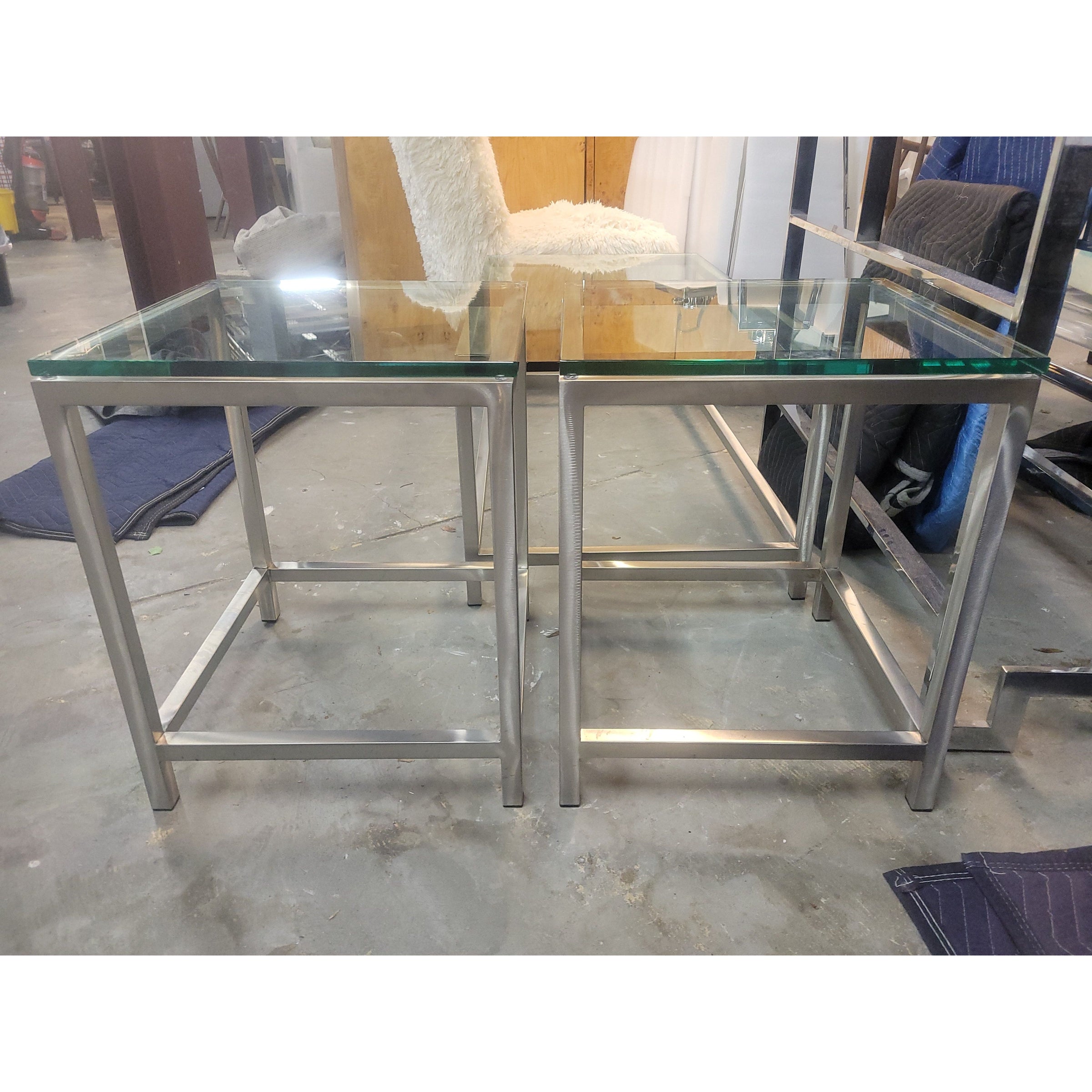 PAIR of Brushed Aluminum Square Side Tables w/ Reinforced Glass Tops