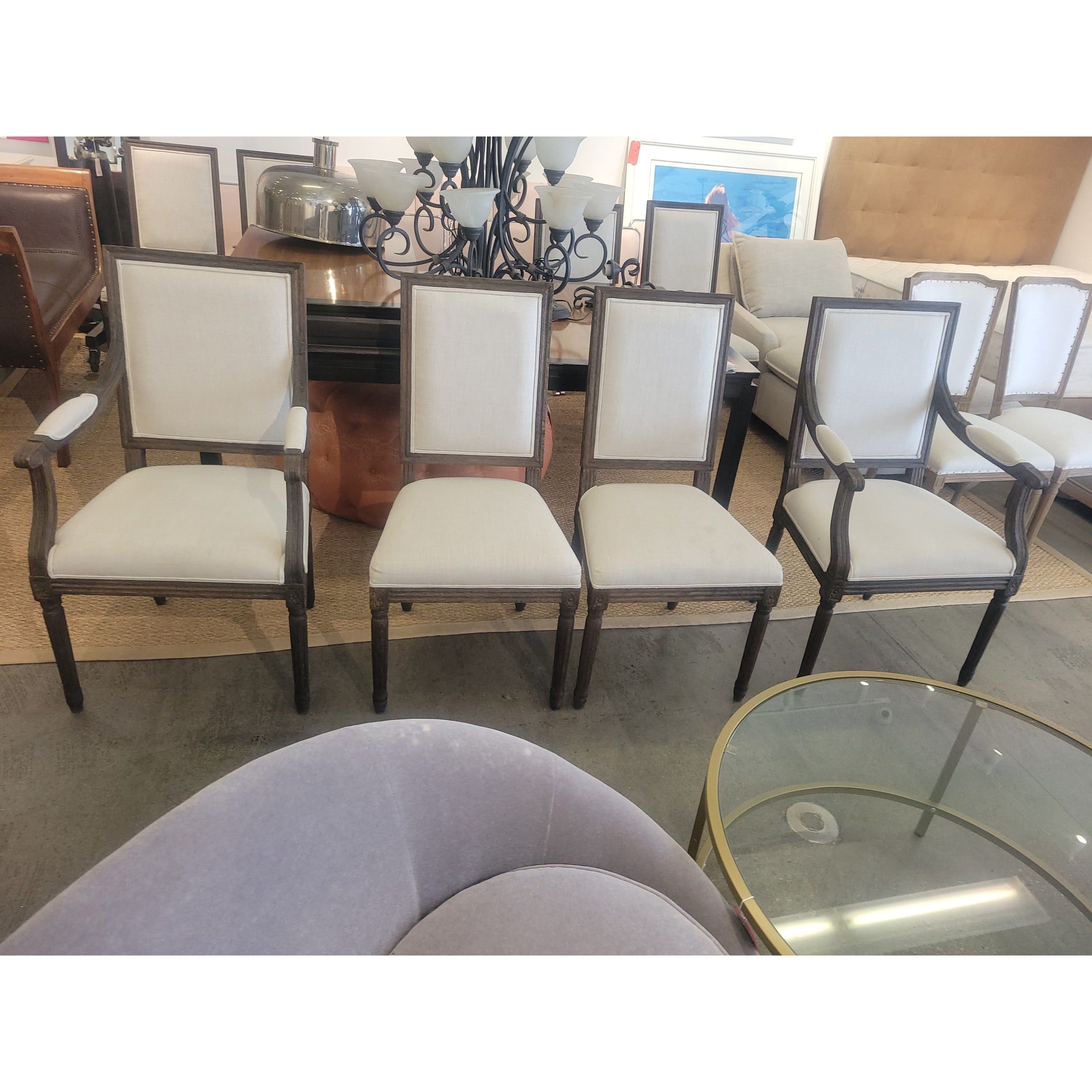 SET of 8 French Linen & Oak Dining Chairs by RH (Inc. 2 w/ Arms) - AS IS