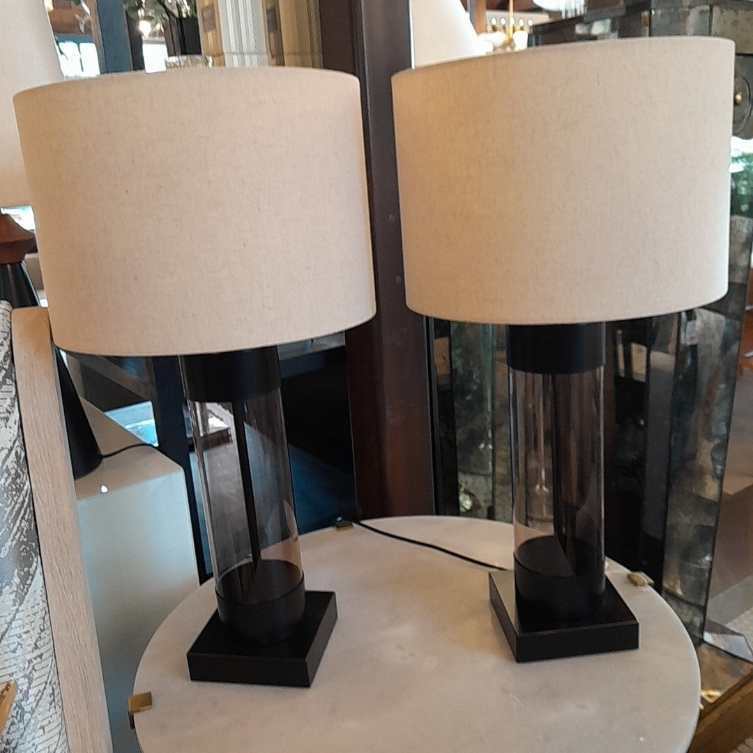 Pair of Smoked Glass Bronze Metal Lamps w/Beige Linen Shades, 30"H