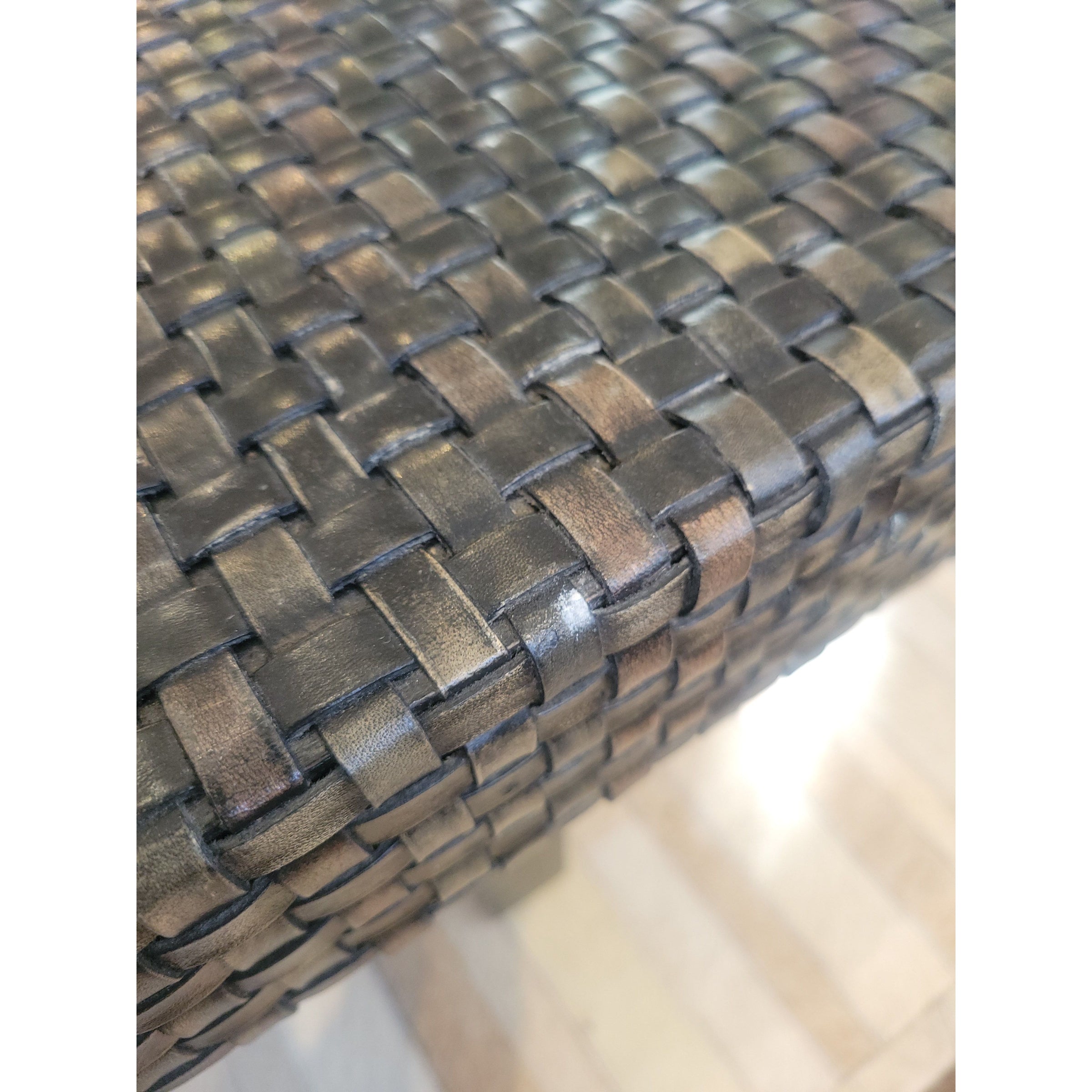 Woven Leather Bench on Dark Wood Legs