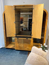 1970s 3-Pc Burlwood Bar Cabinet w/ Lighting & Glass Shelves - AS IS