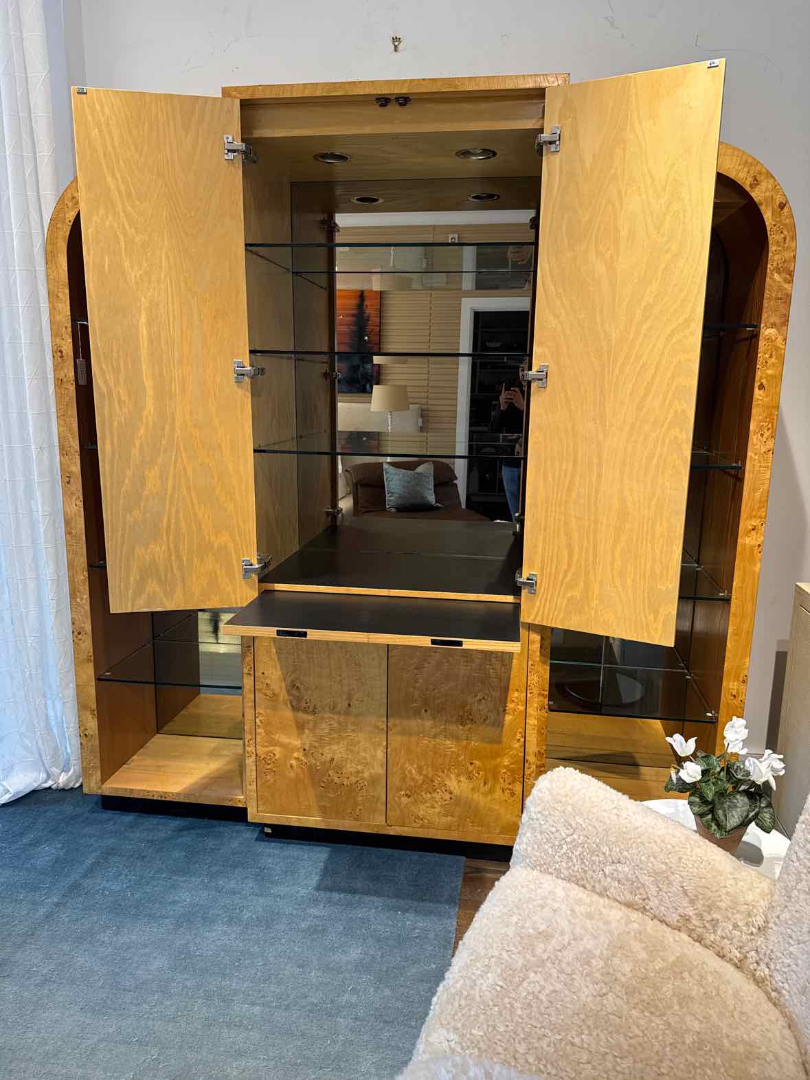 1970s 3-Pc Burlwood Bar Cabinet w/ Lighting & Glass Shelves - AS IS