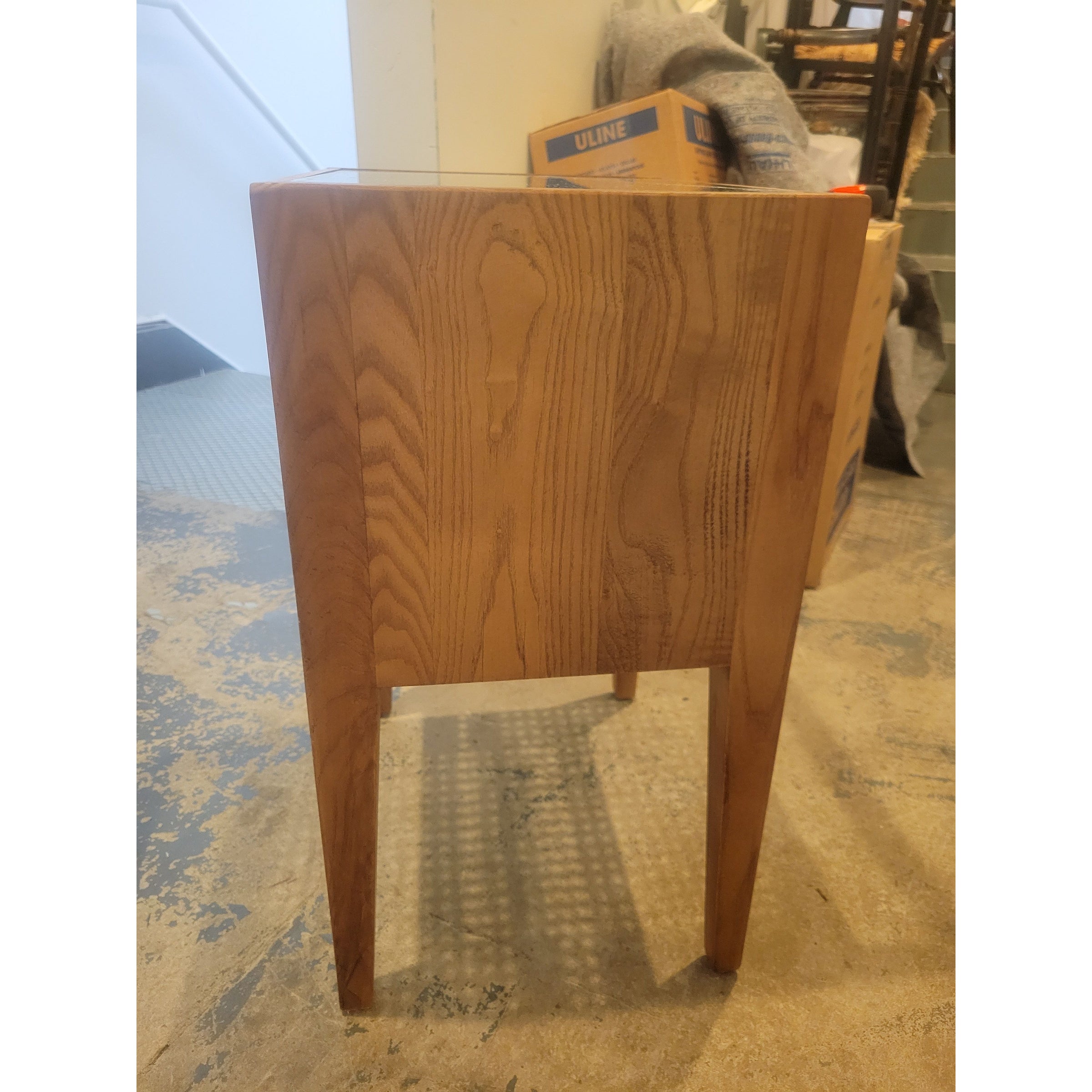 Square Ash Wood Side Table w/ Glass Top & Cane Shelf