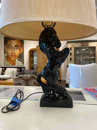 Mid-Century Black Ceramic Horse Table Lamp w/ Shade (AS IS)