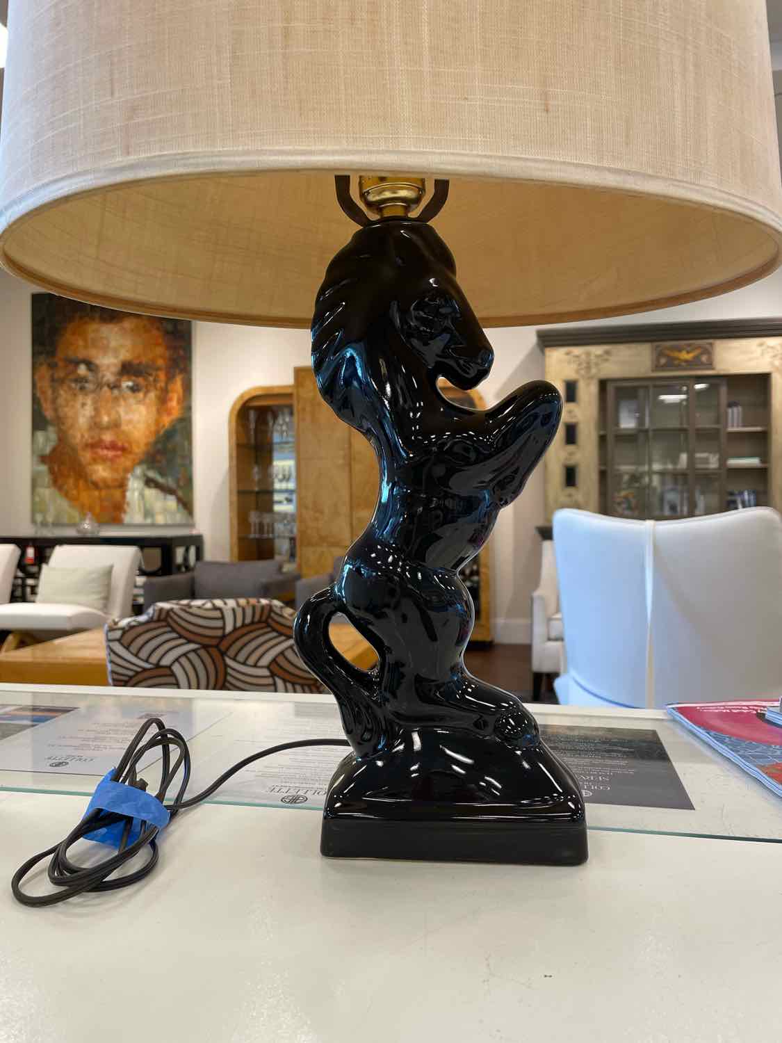 Mid-Century Black Ceramic Horse Table Lamp w/ Shade (AS IS)