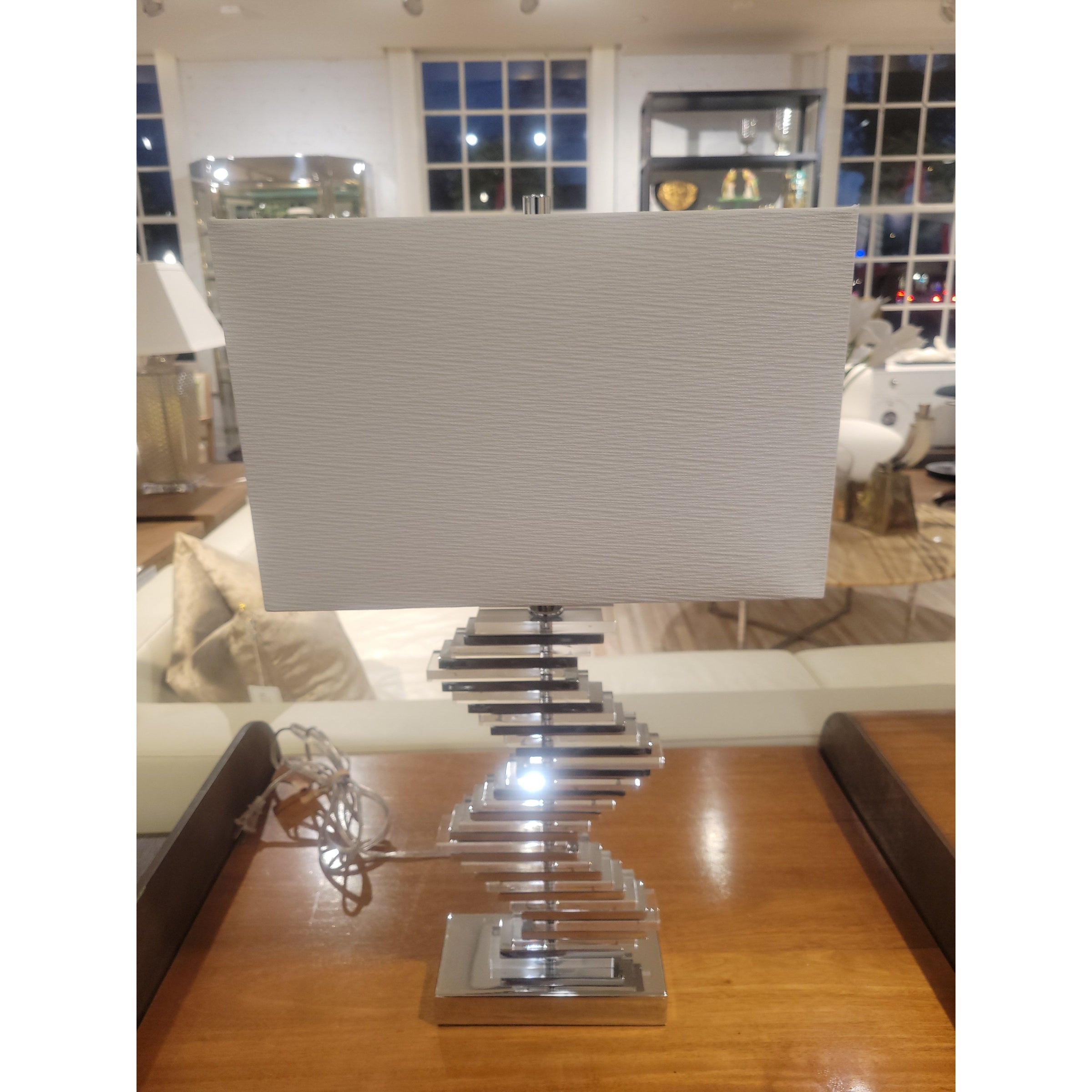 Paved 2-Tone Crystal & Chrome Table Lamp w/ Linen Shade