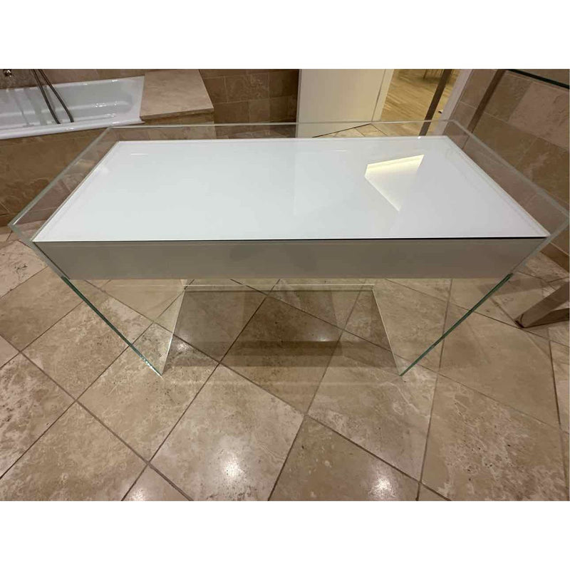 Glass Console w/ White Lacquer Top w/ Drawer