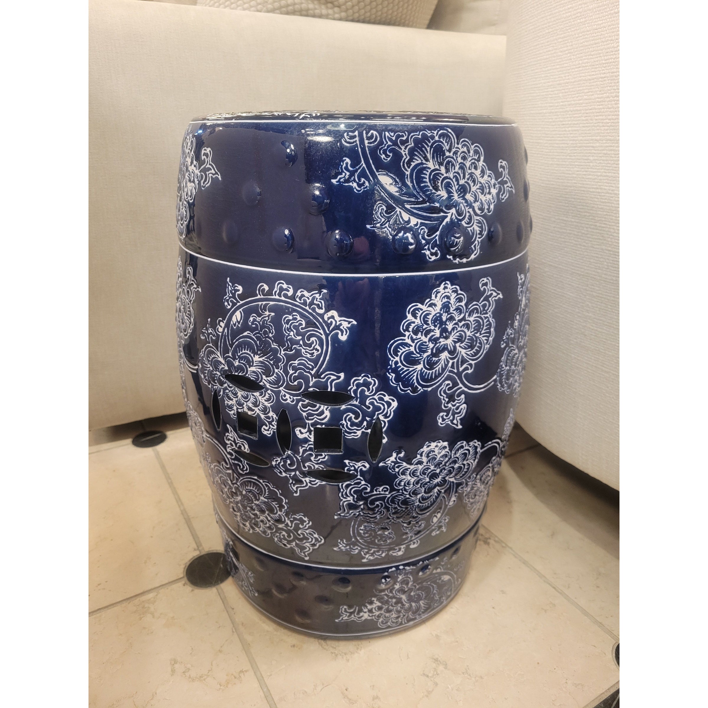 Navy & White Ceramic Lattice Garden Stool / Table