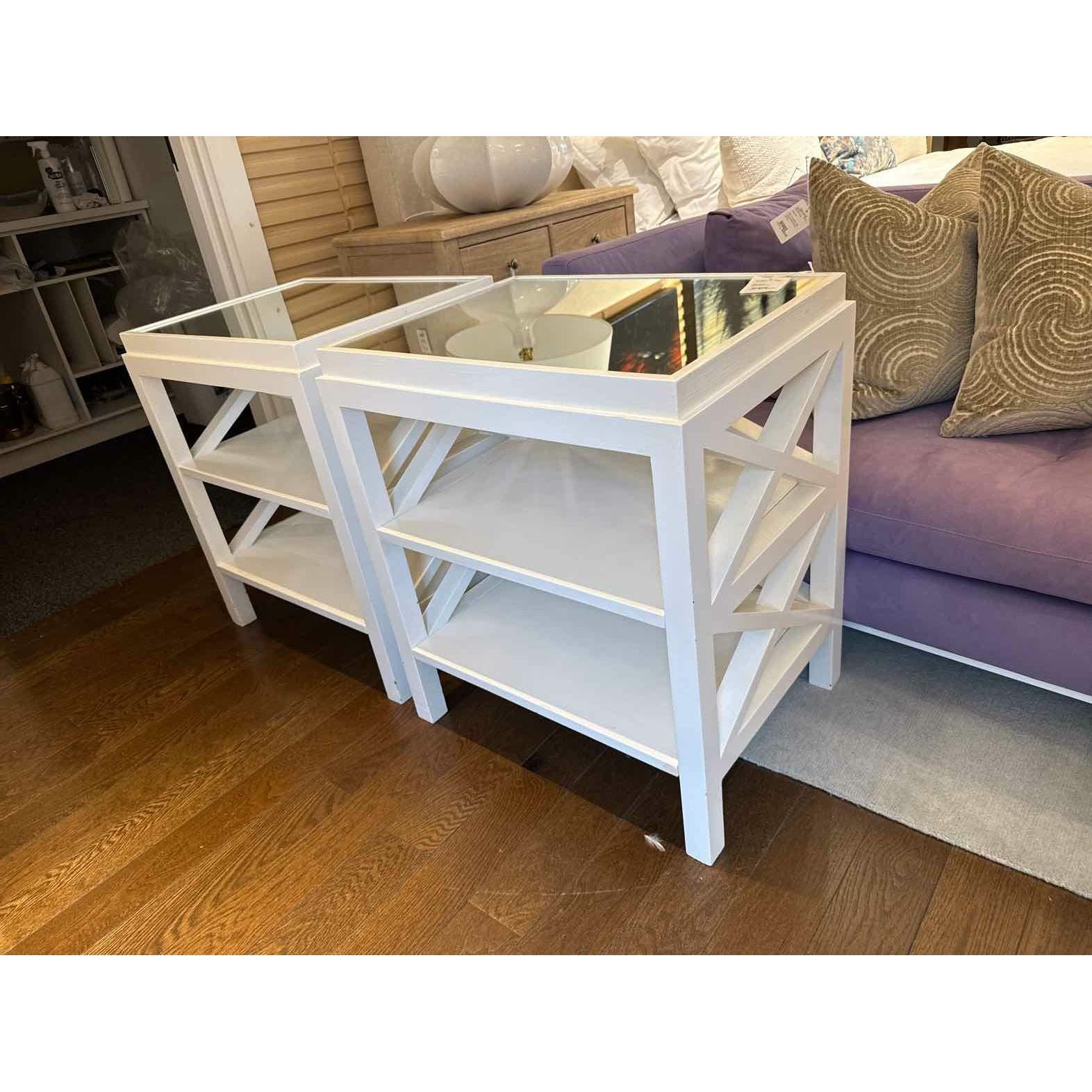 Pair of White Wood Mecox Gardens Side Tables w/ Mirror Tops - AS IS