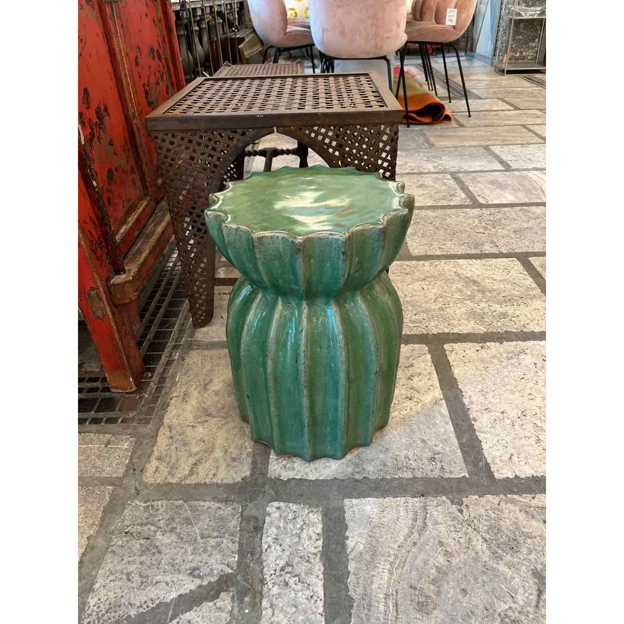 Ceramic Jade Green Fluted Garden Stool/Side Table