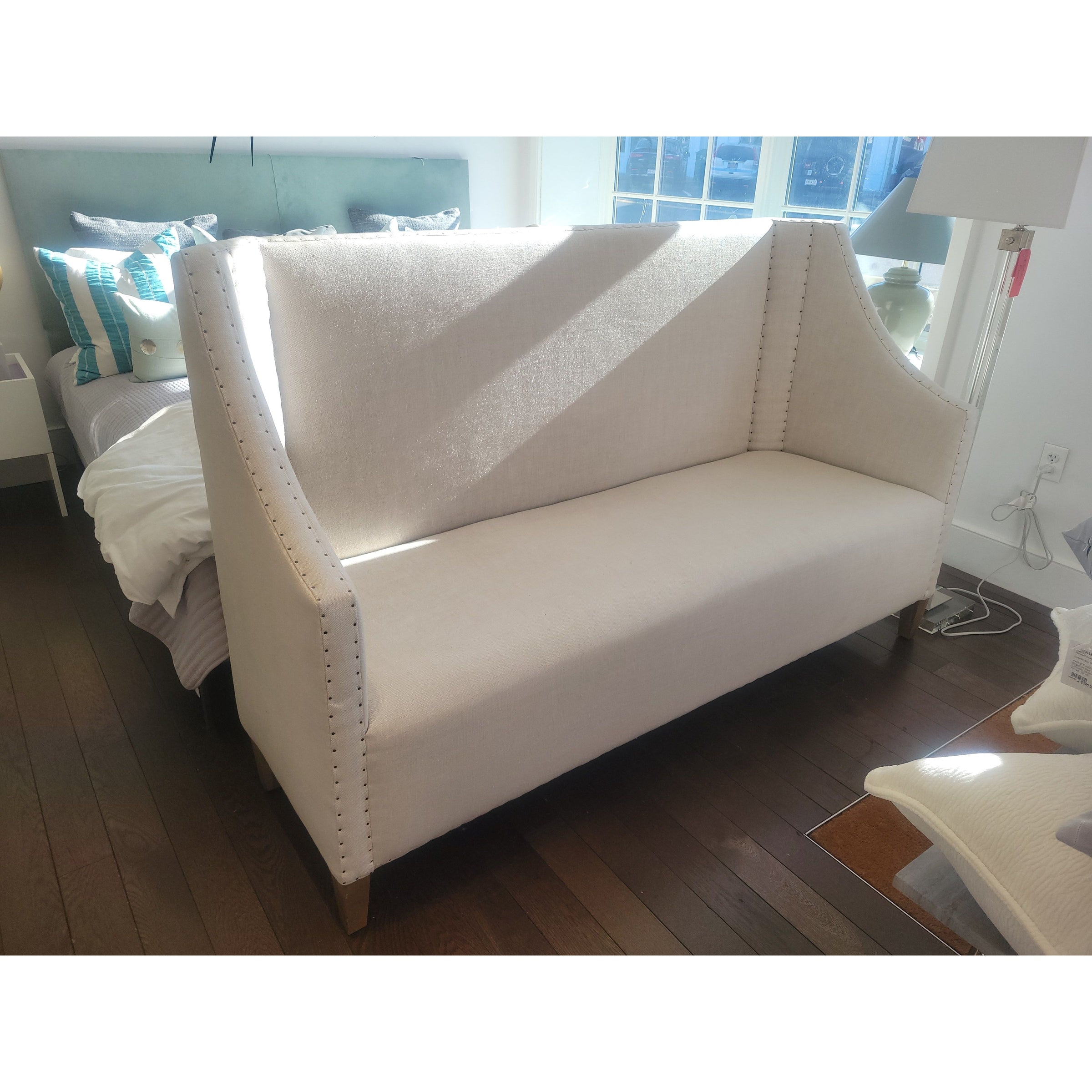 Upholstered Nailhead Settee by RH (AS IS) - colletteconsignment.com