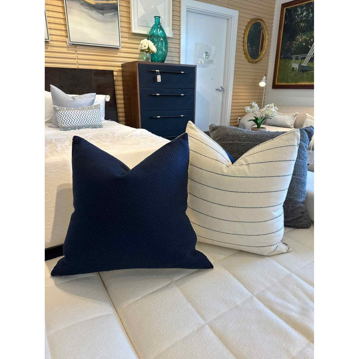 Pair of Custom Linen Pillows with/ Blue Stripe and Navy Blue Backing with Down I